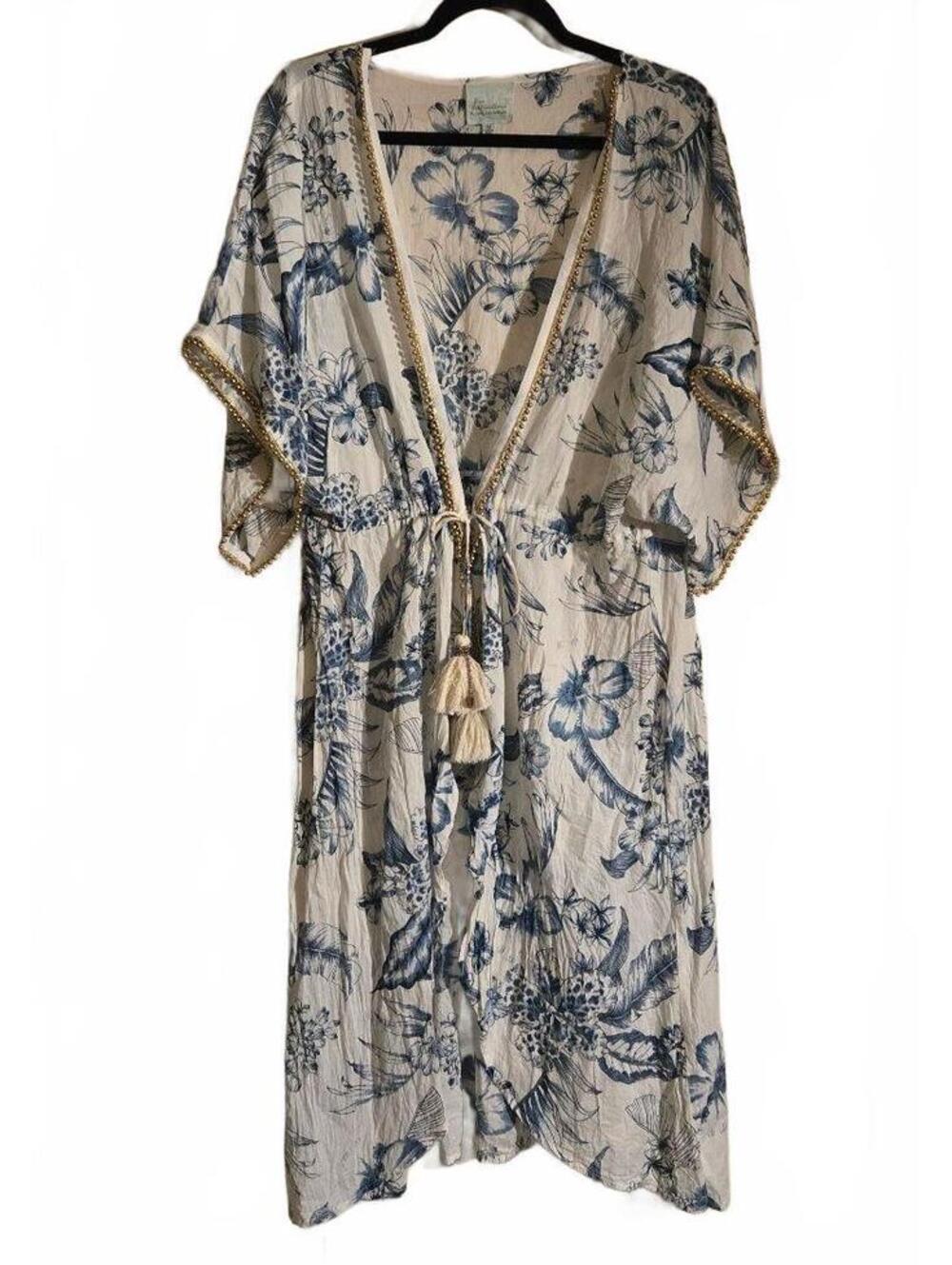True Destinations Women's Medium Floral Kimono with Tassel Tie